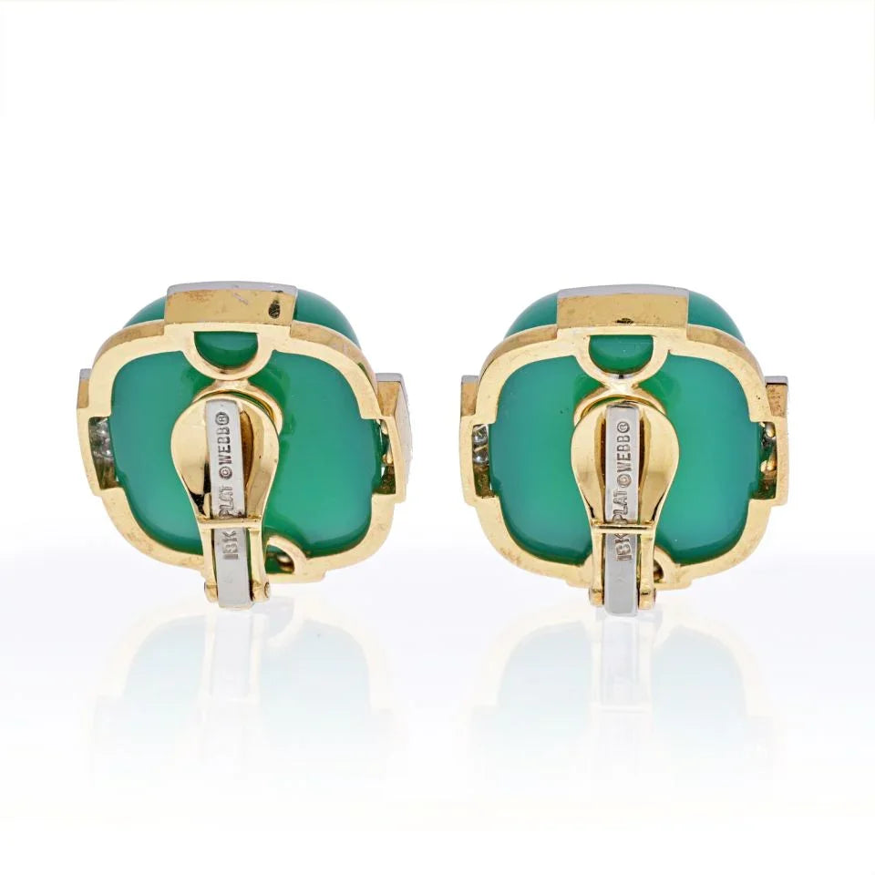 David Webb Platinum & 18K Yellow Gold Green Onyx Cabochon Earrings - The Back Vault