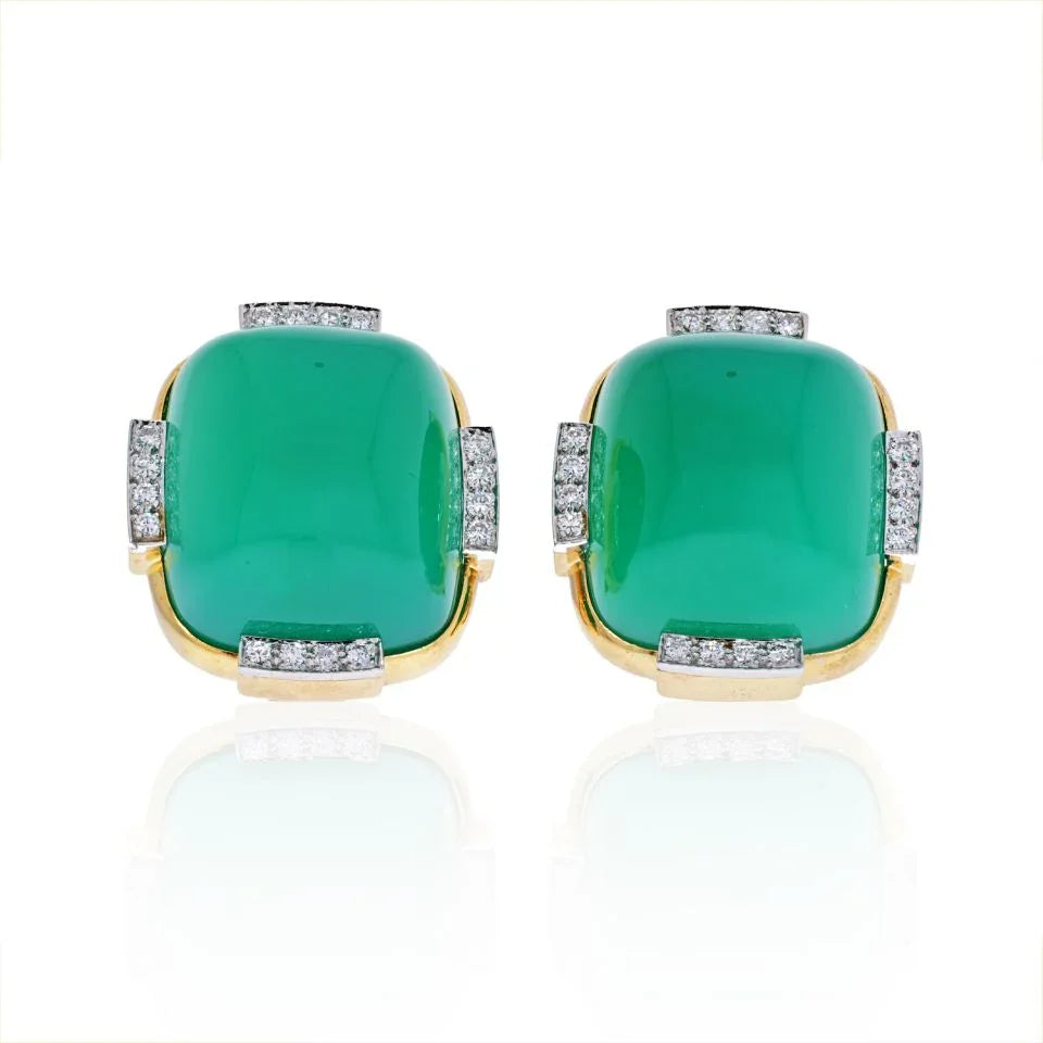 David Webb Platinum & 18K Yellow Gold Green Onyx Cabochon Earrings - The Back Vault