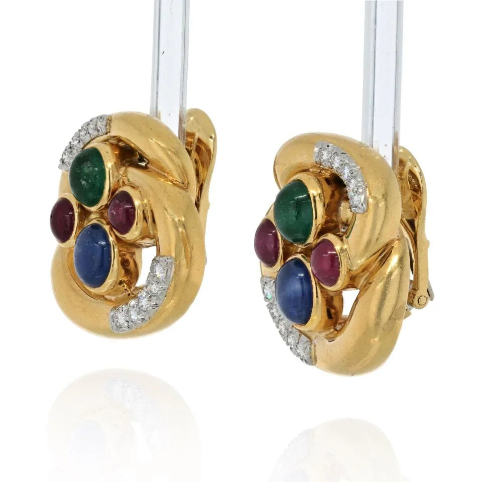 David Webb Platinum & 18K Yellow Gold Multi Color Gemstone And Diamond Earrings - The Back Vault