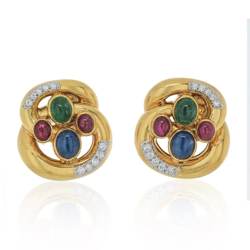 David Webb Platinum & 18K Yellow Gold Multi Color Gemstone And Diamond Earrings - The Back Vault
