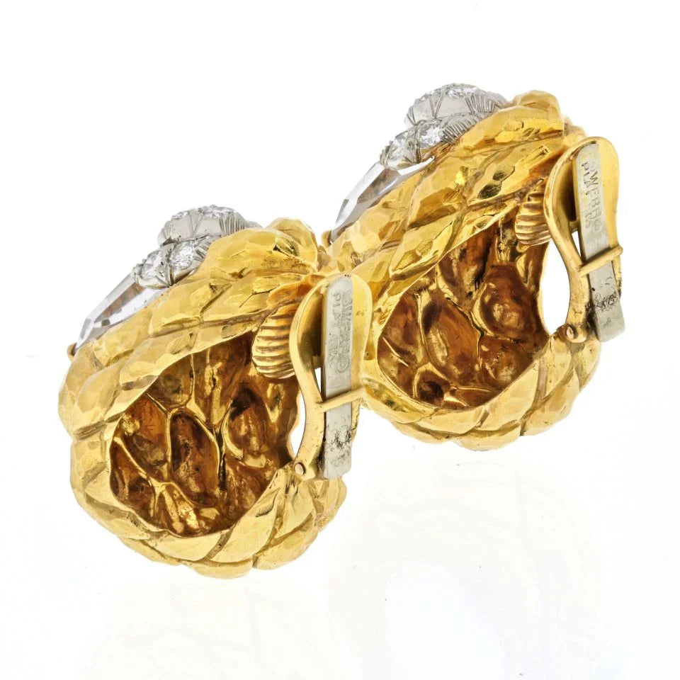 David Webb Platinum & 18K Yellow Gold Rock Crystal Carved Clip On Earrings - The Back Vault