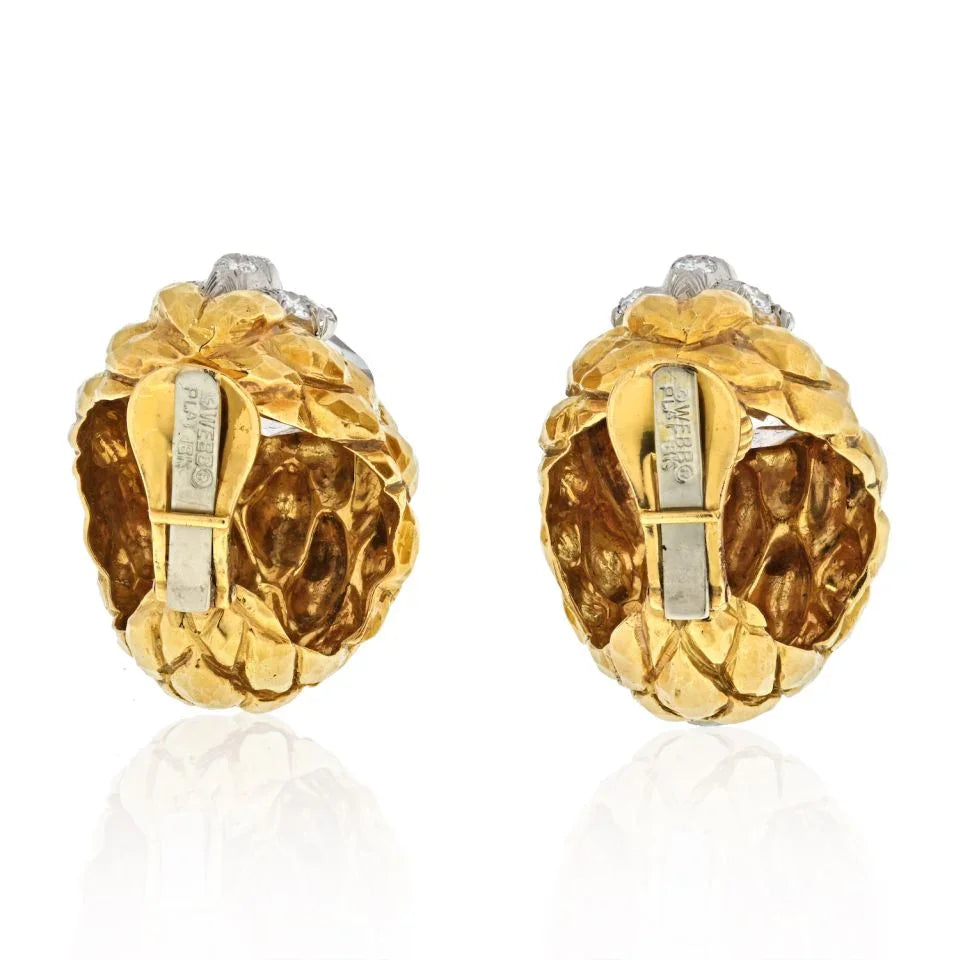 David Webb Platinum & 18K Yellow Gold Rock Crystal Carved Clip On Earrings - The Back Vault