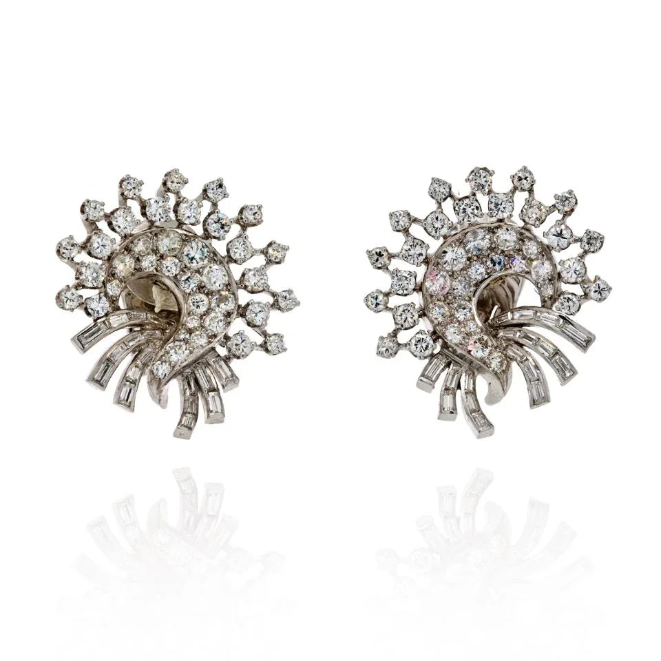 ■VINTAGE HOLLYWOOD■ Bellflower Earrings VH2336EA013B Mid-Century Bogoff Clear Rhinestone Flower Clip Earrings