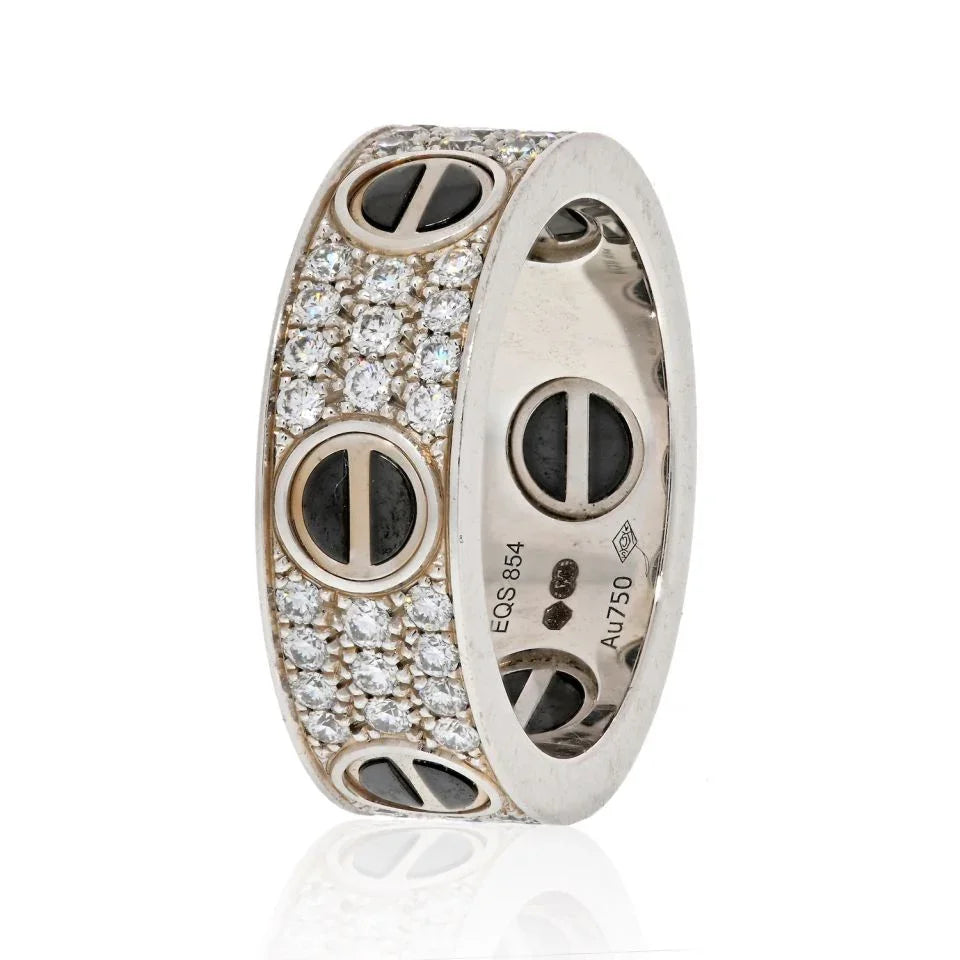 Cartier Love 18K White Gold Diamond And Black Ceramic Band Ring - The Back Vault