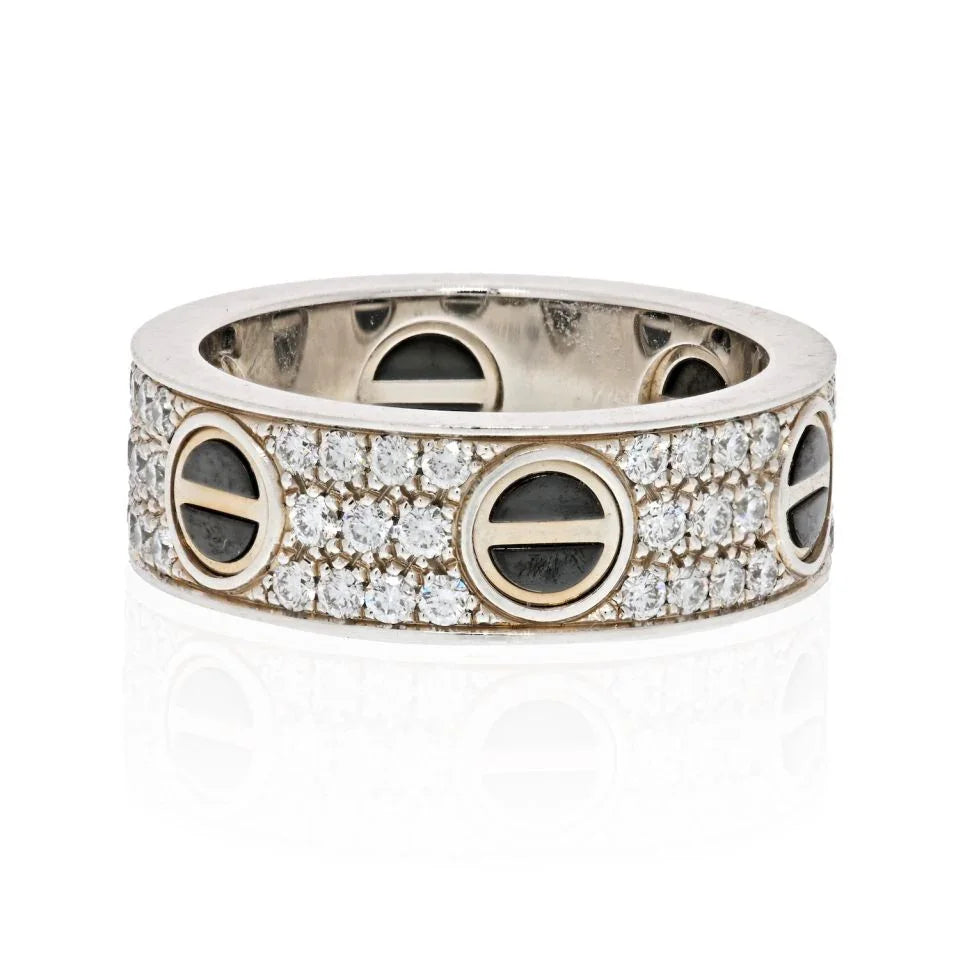 Cartier Love 18K White Gold Diamond And Black Ceramic Band Ring - The Back Vault