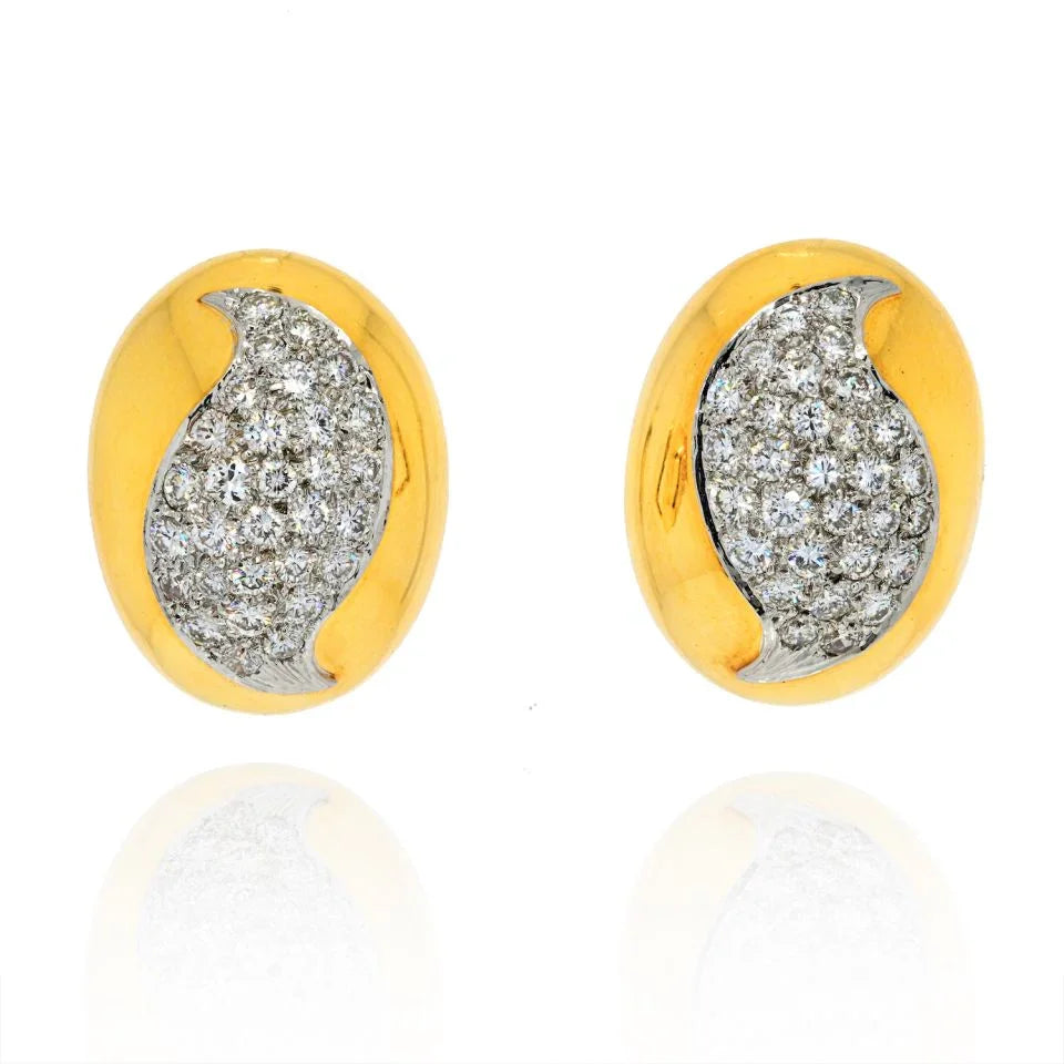 David Webb Platinum & 18K Yellow Gold Oval Bombe Pave Diamond Earrings - The Back Vault