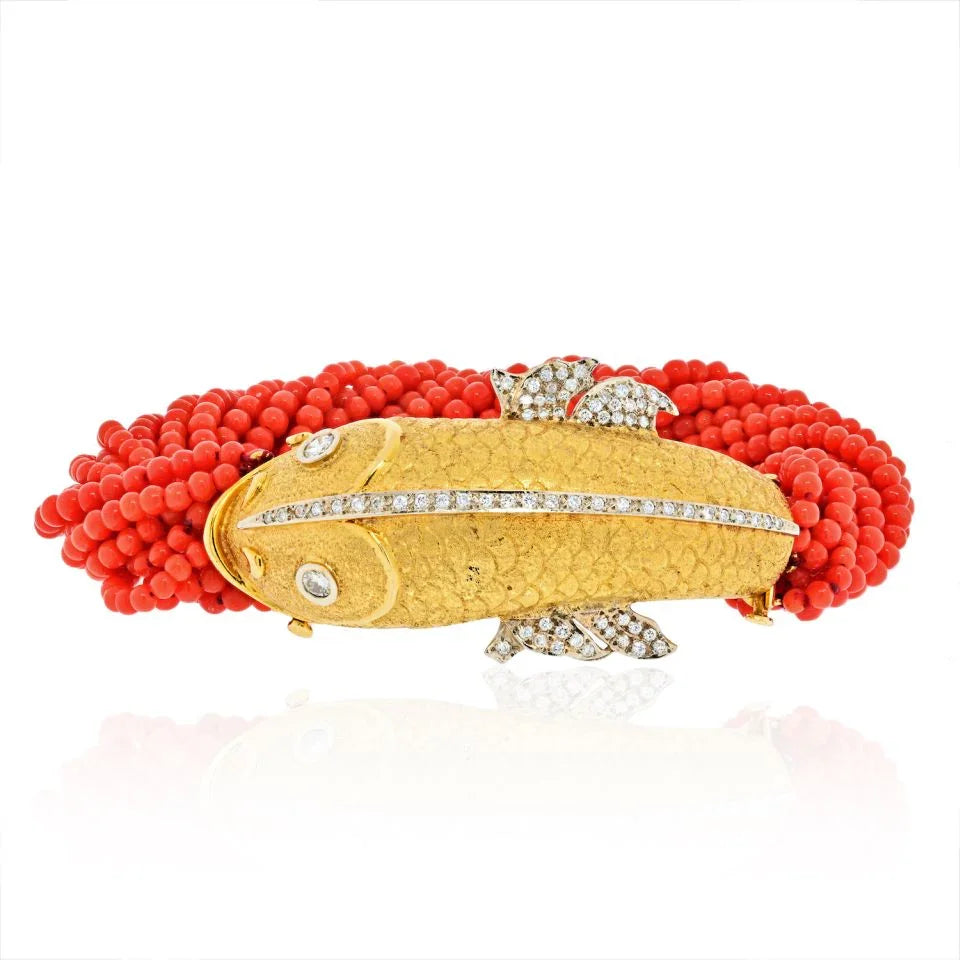 18K Yellow Gold Torsade Coral Strand Fish Bracelet - The Back Vault