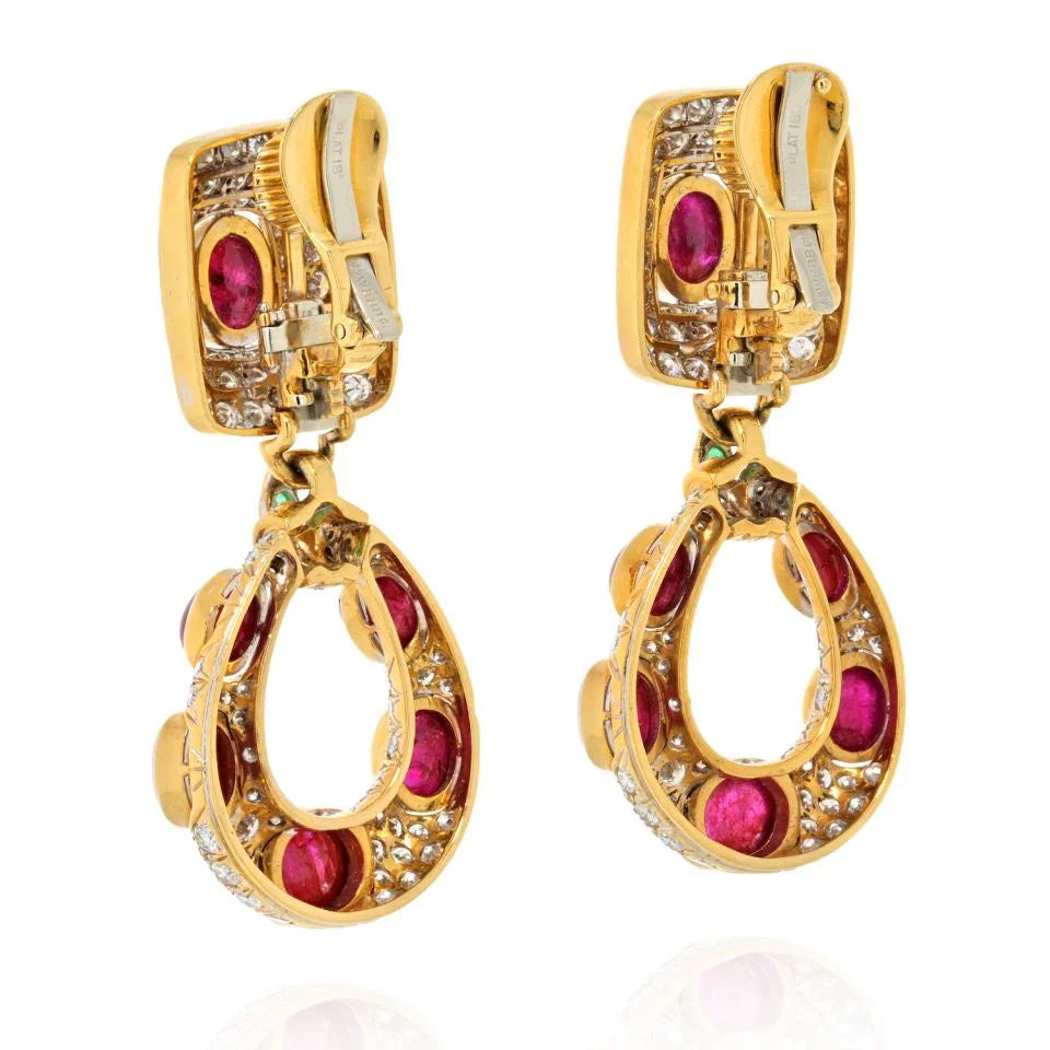 David Webb Platinum & 18K Yellow Gold Stunning Diamond Ruby Door Knockers Earrings - The Back Vault