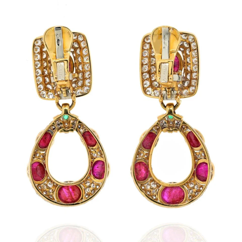 David Webb Platinum & 18K Yellow Gold Stunning Diamond Ruby Door Knockers Earrings - The Back Vault