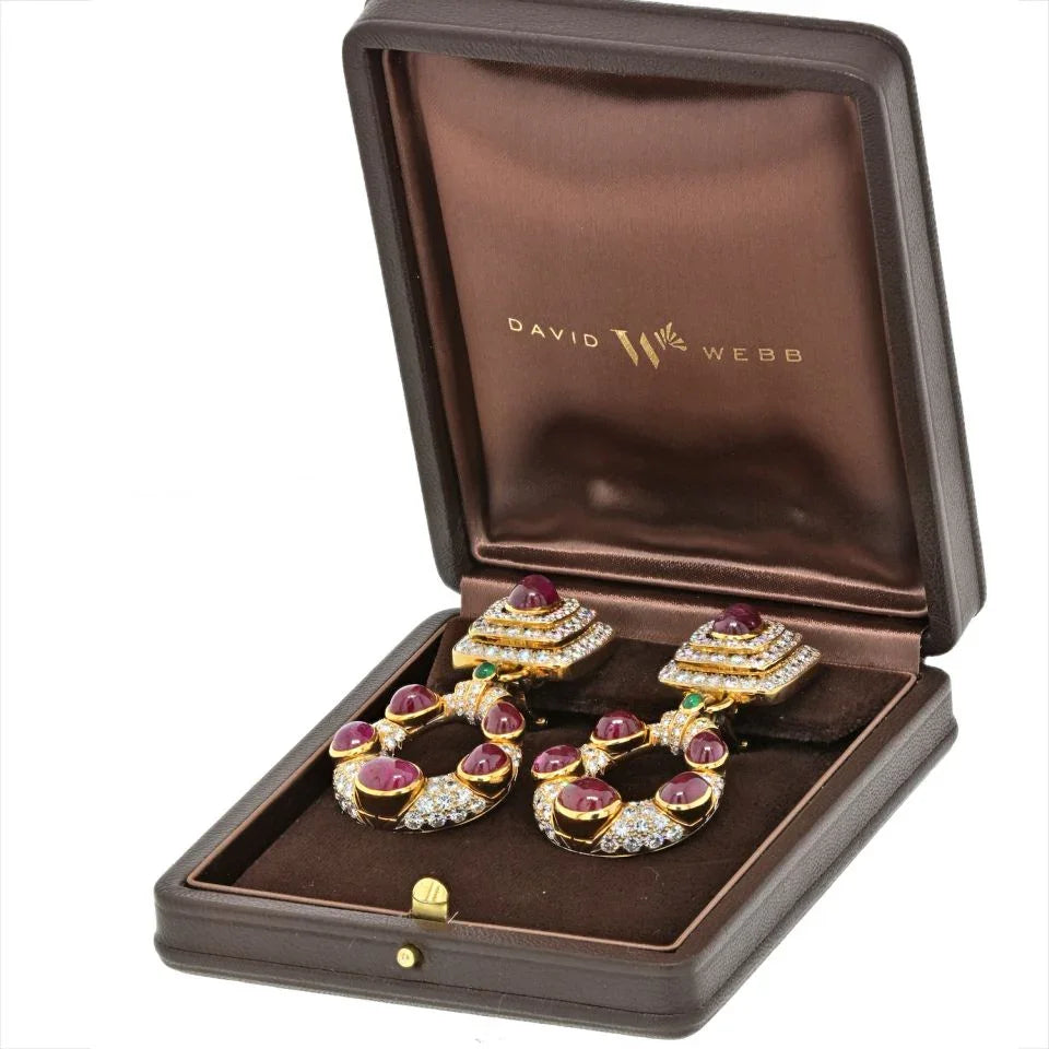 David Webb Platinum & 18K Yellow Gold Stunning Diamond Ruby Door Knockers Earrings - The Back Vault