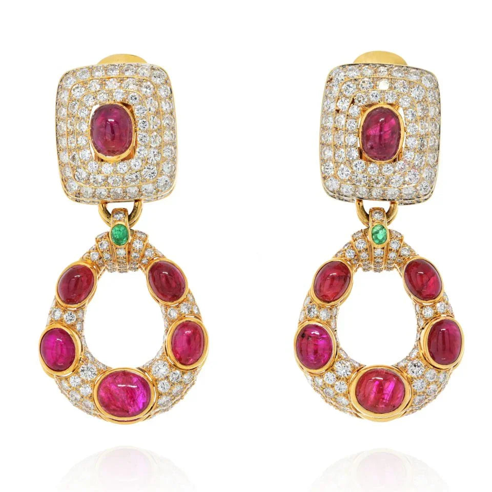 David Webb Platinum & 18K Yellow Gold Stunning Diamond Ruby Door Knockers Earrings - The Back Vault