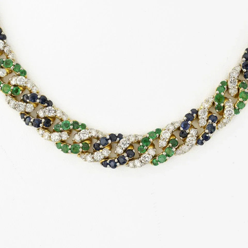 18K Yellow Gold Cuban Link Diamond, Sapphire and Green Emerald Necklace - The Back Vault
