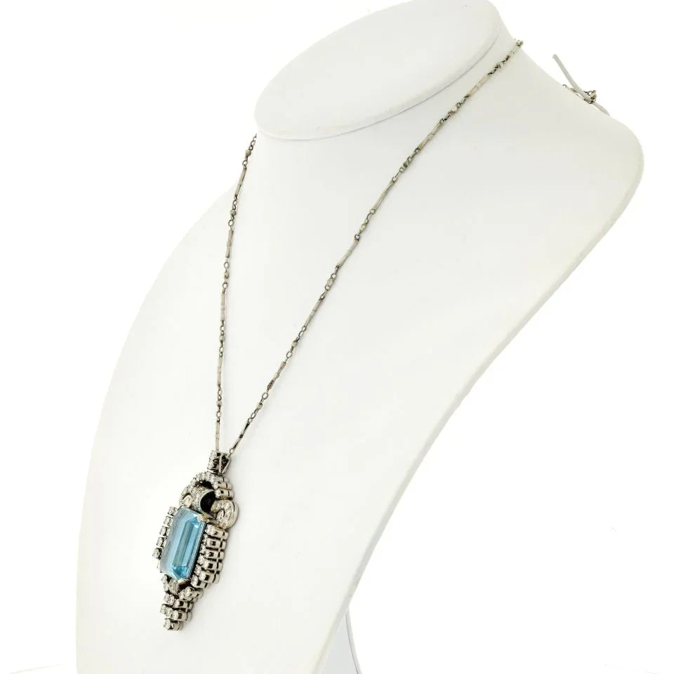 Platinum 1940's 25 Carat Aquamarine In A Diamond Frame Pendant - The Back Vault