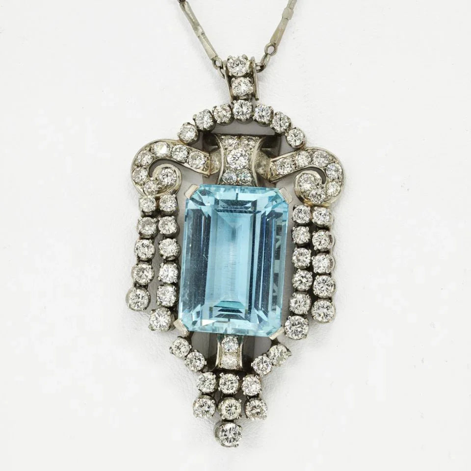 Platinum 1940's 25 Carat Aquamarine In A Diamond Frame Pendant - The Back Vault