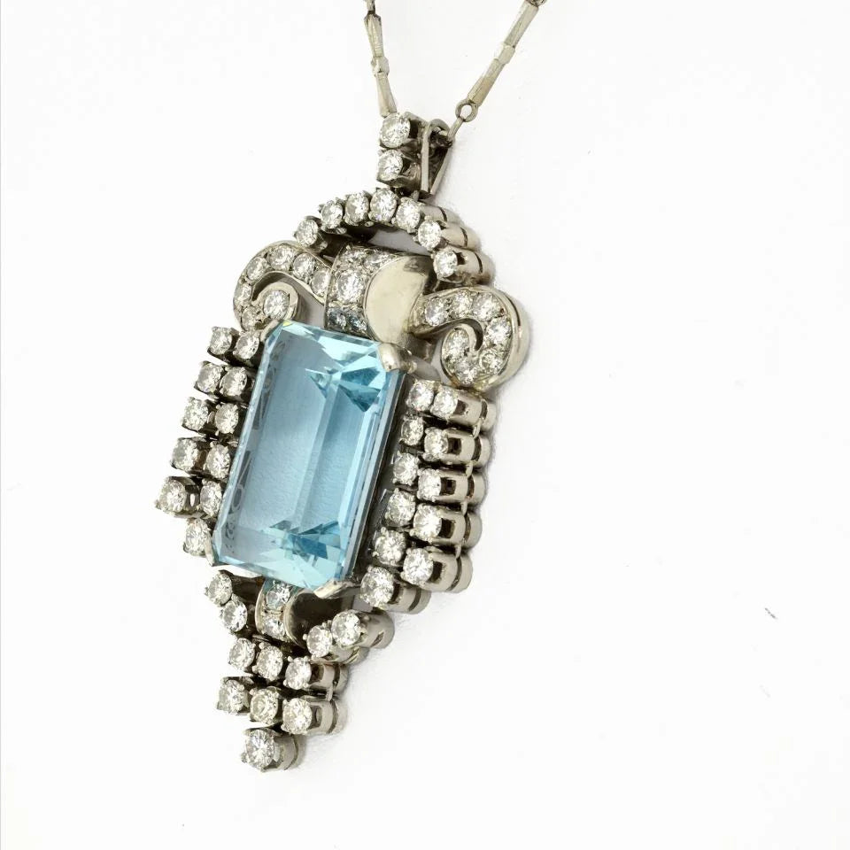 Platinum 1940's 25 Carat Aquamarine In A Diamond Frame Pendant - The Back Vault