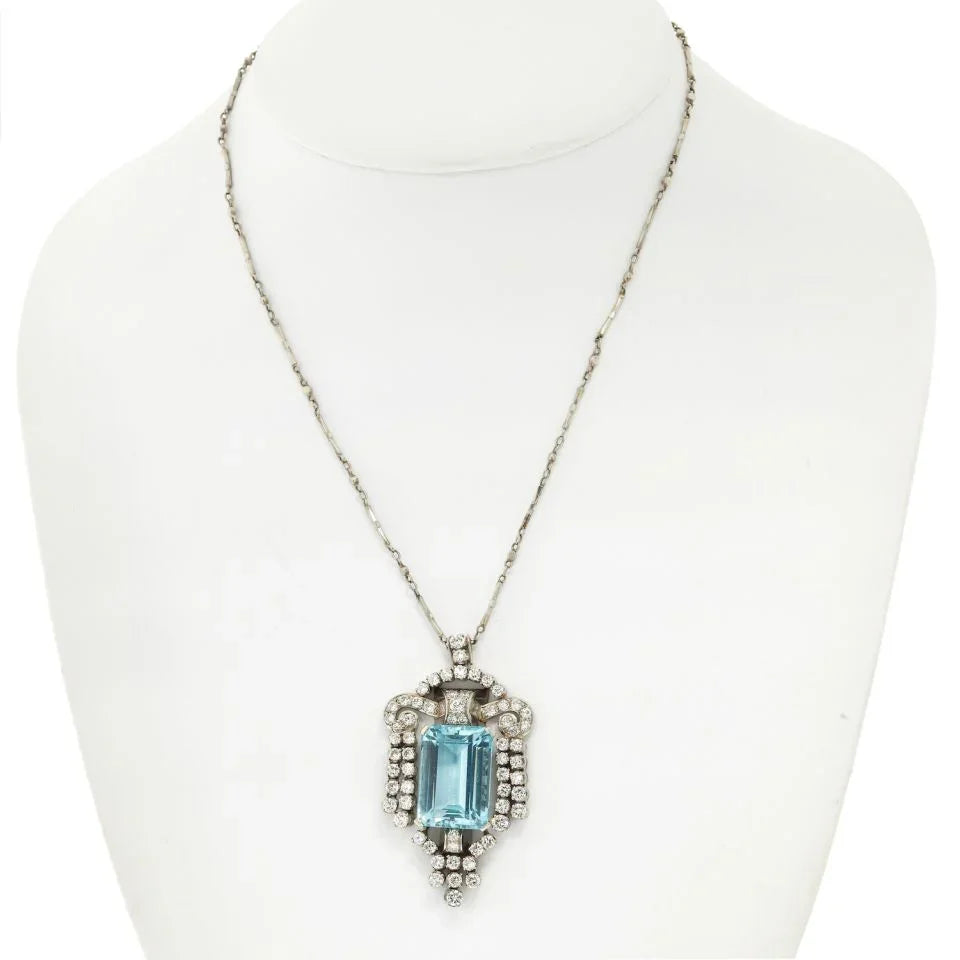 Platinum 1940's 25 Carat Aquamarine In A Diamond Frame Pendant - The Back Vault