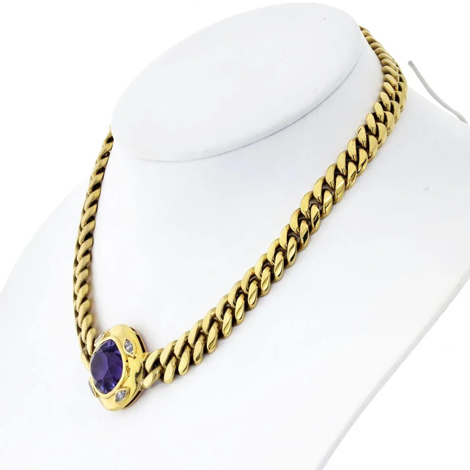 Bvlgari 18K Yellow Gold Amethyst Cushion Cut Curb-Link Chain Necklace - The Back Vault