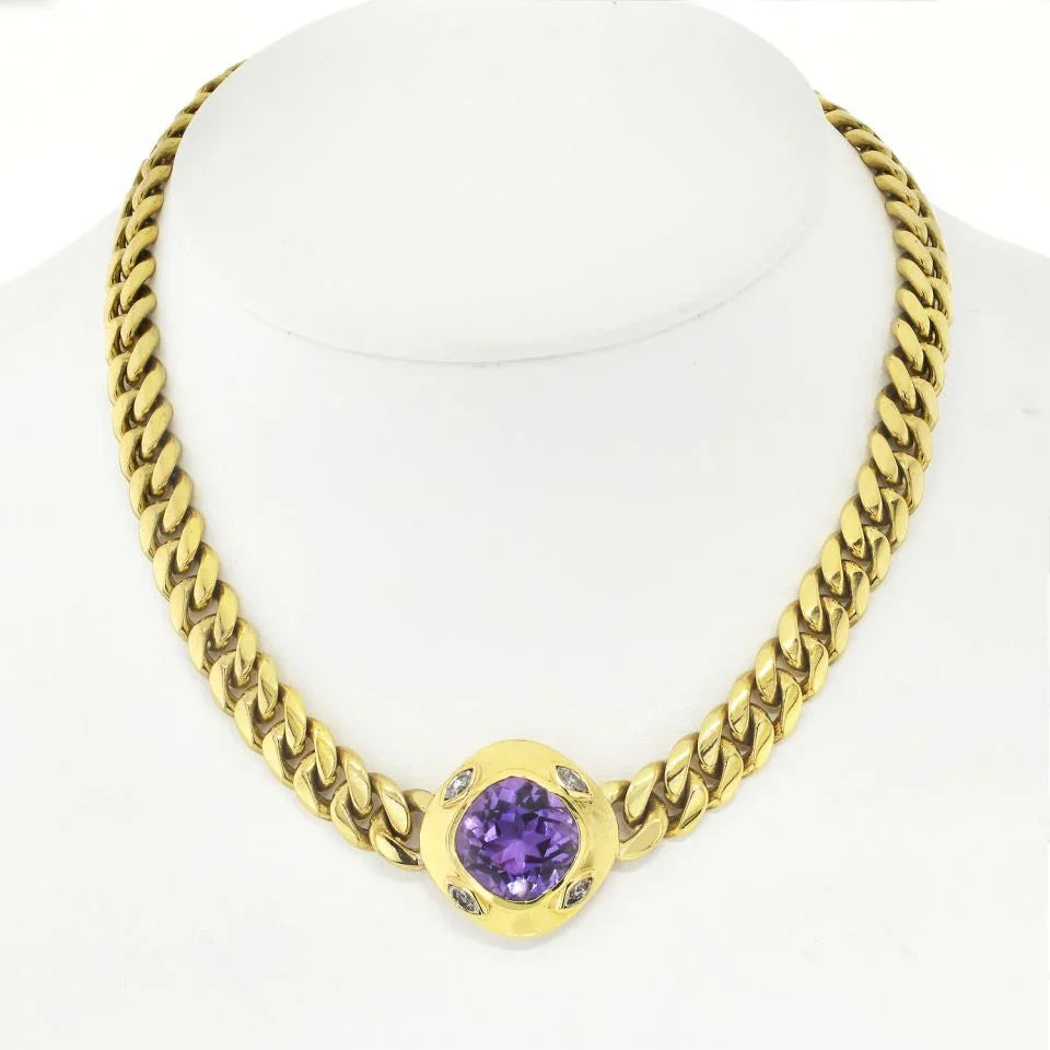 Bvlgari 18K Yellow Gold Amethyst Cushion Cut Curb-Link Chain Necklace - The Back Vault