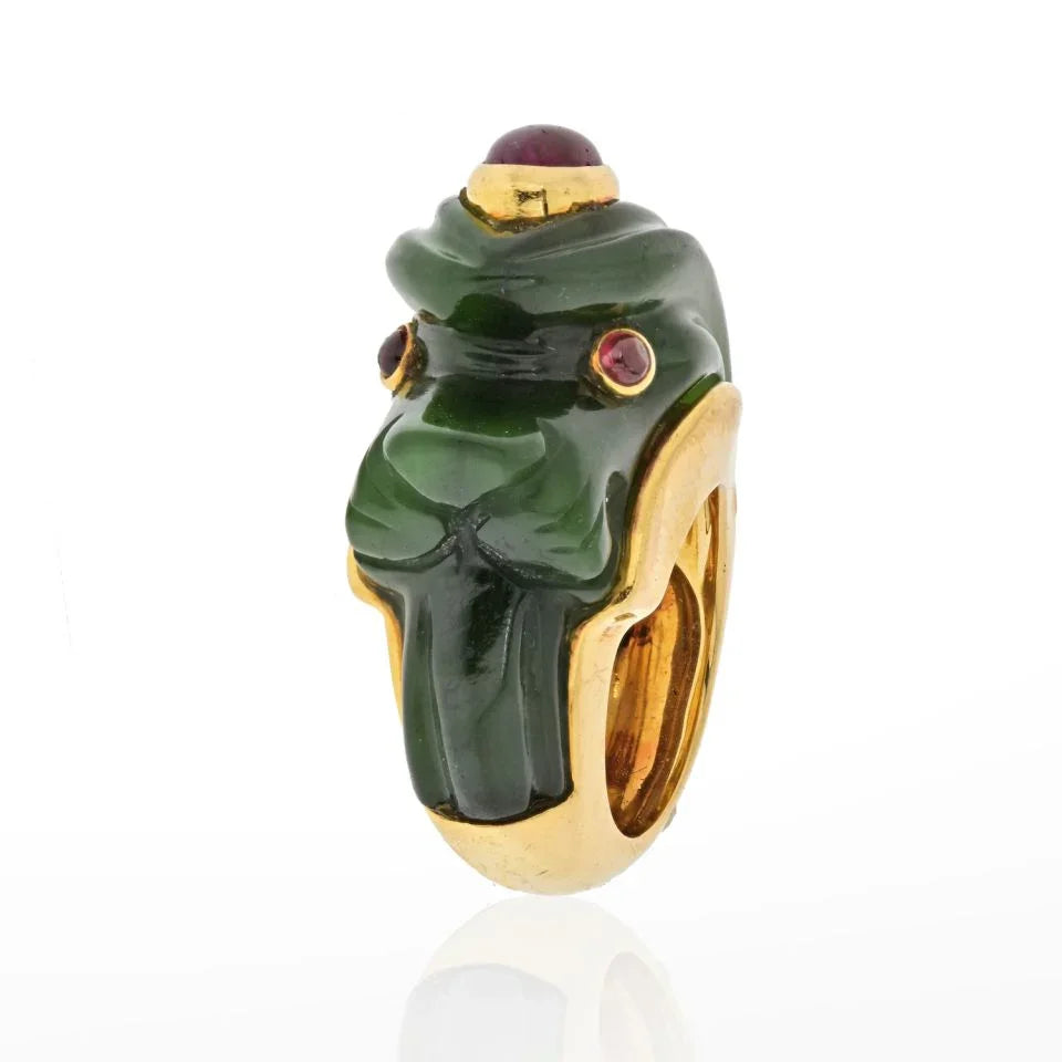 David Webb 18K Yellow Gold Nephrite, Ruby Lion Ring - The Back Vault