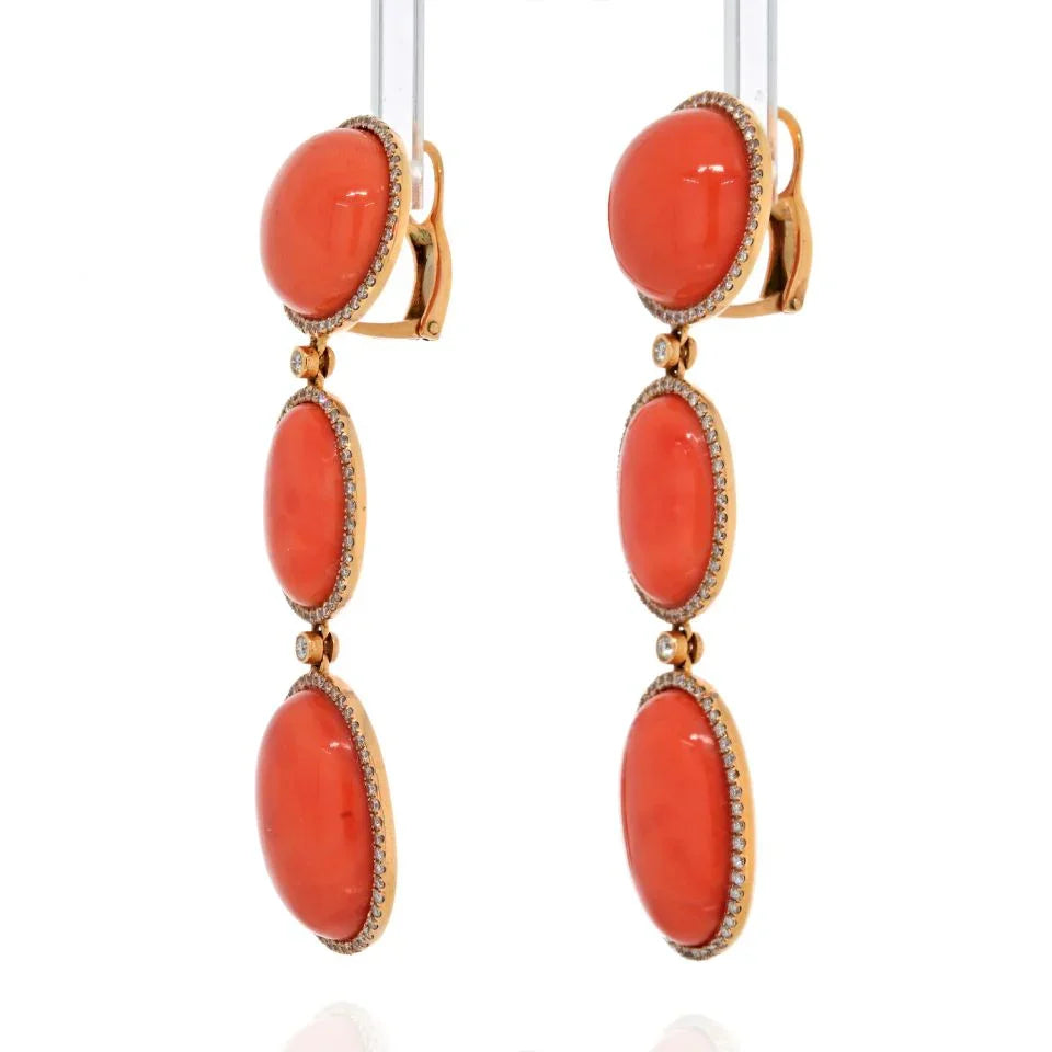 18K Yellow Gold Oval Cut Coral Drop Triple Tier Diamond Pave Earrings - The Back Vault