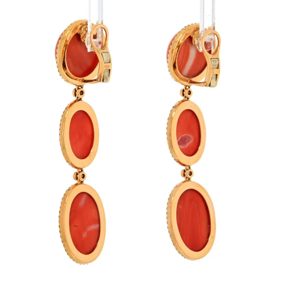 18K Yellow Gold Oval Cut Coral Drop Triple Tier Diamond Pave Earrings - The Back Vault