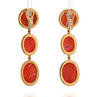 18K Yellow Gold Oval Cut Coral Drop Triple Tier Diamond Pave Earrings - The Back Vault