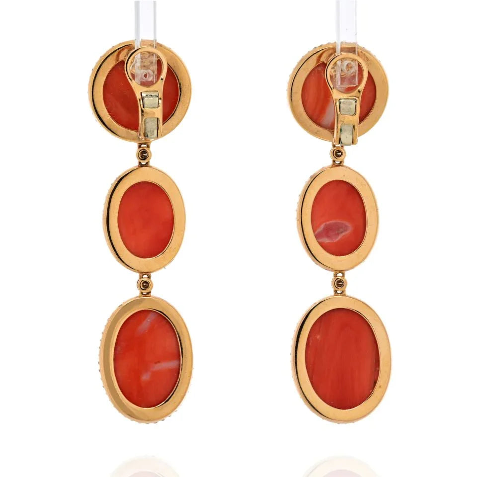 18K Yellow Gold Oval Cut Coral Drop Triple Tier Diamond Pave Earrings - The Back Vault