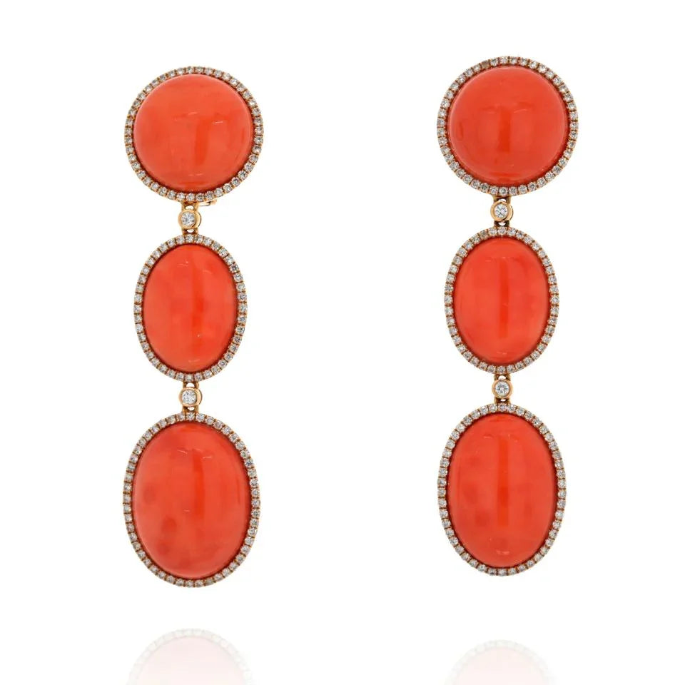 18K Yellow Gold Oval Cut Coral Drop Triple Tier Diamond Pave Earrings - The Back Vault