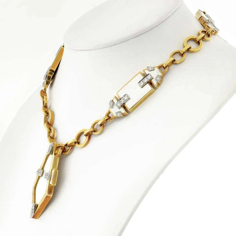 David Webb Platinum & 18K Yellow Gold White Enamel Geometric Pendant Chain Necklace - The Back Vault