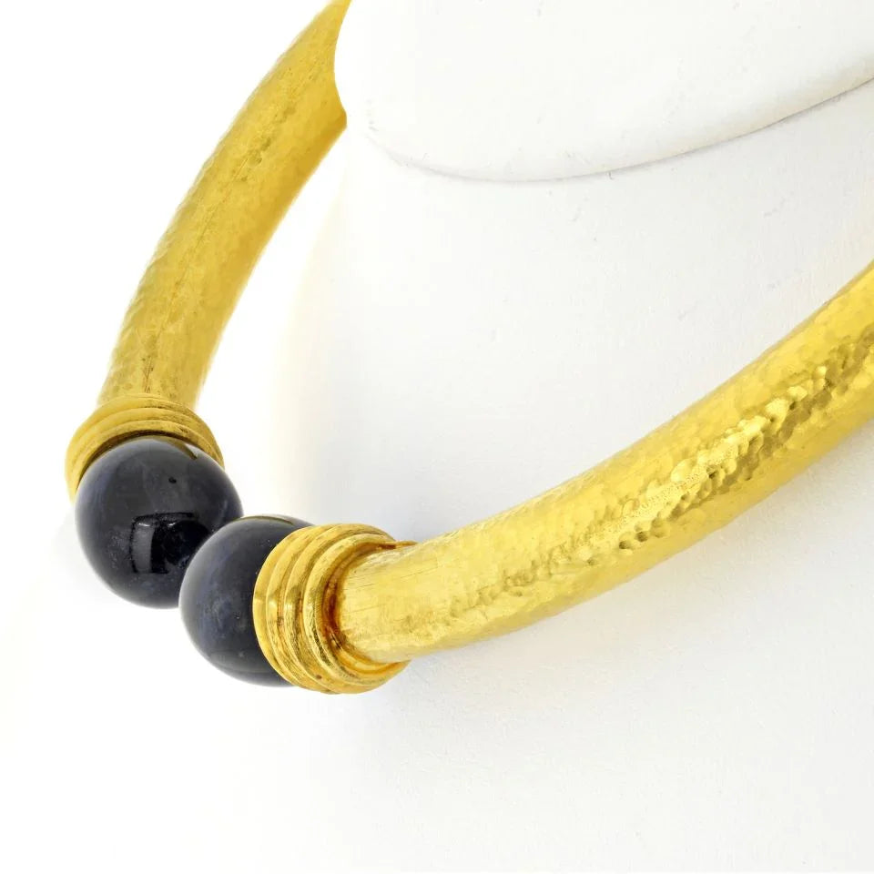 Lalaounis 22K Yellow Gold Hammered Lapis Collar Hinged Necklace - The Back Vault