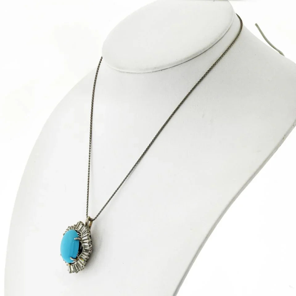 Platinum Oval Turquoise And Diamond Pendant - The Back Vault