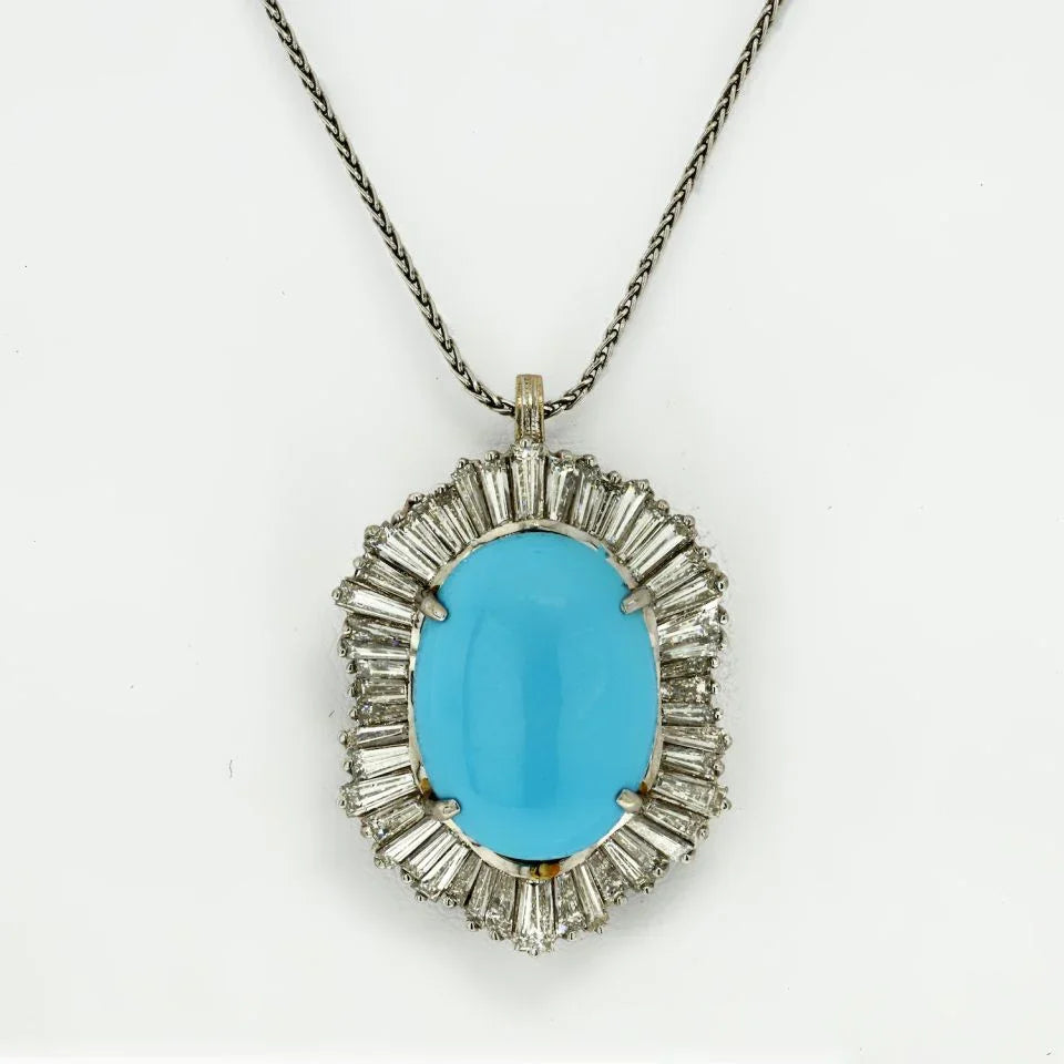 Platinum Oval Turquoise And Diamond Pendant - The Back Vault