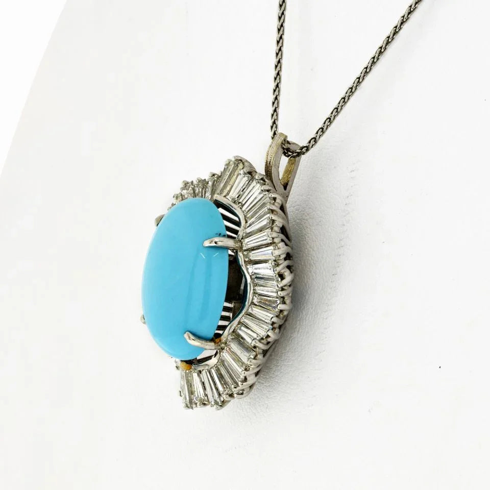 Platinum Oval Turquoise And Diamond Pendant - The Back Vault