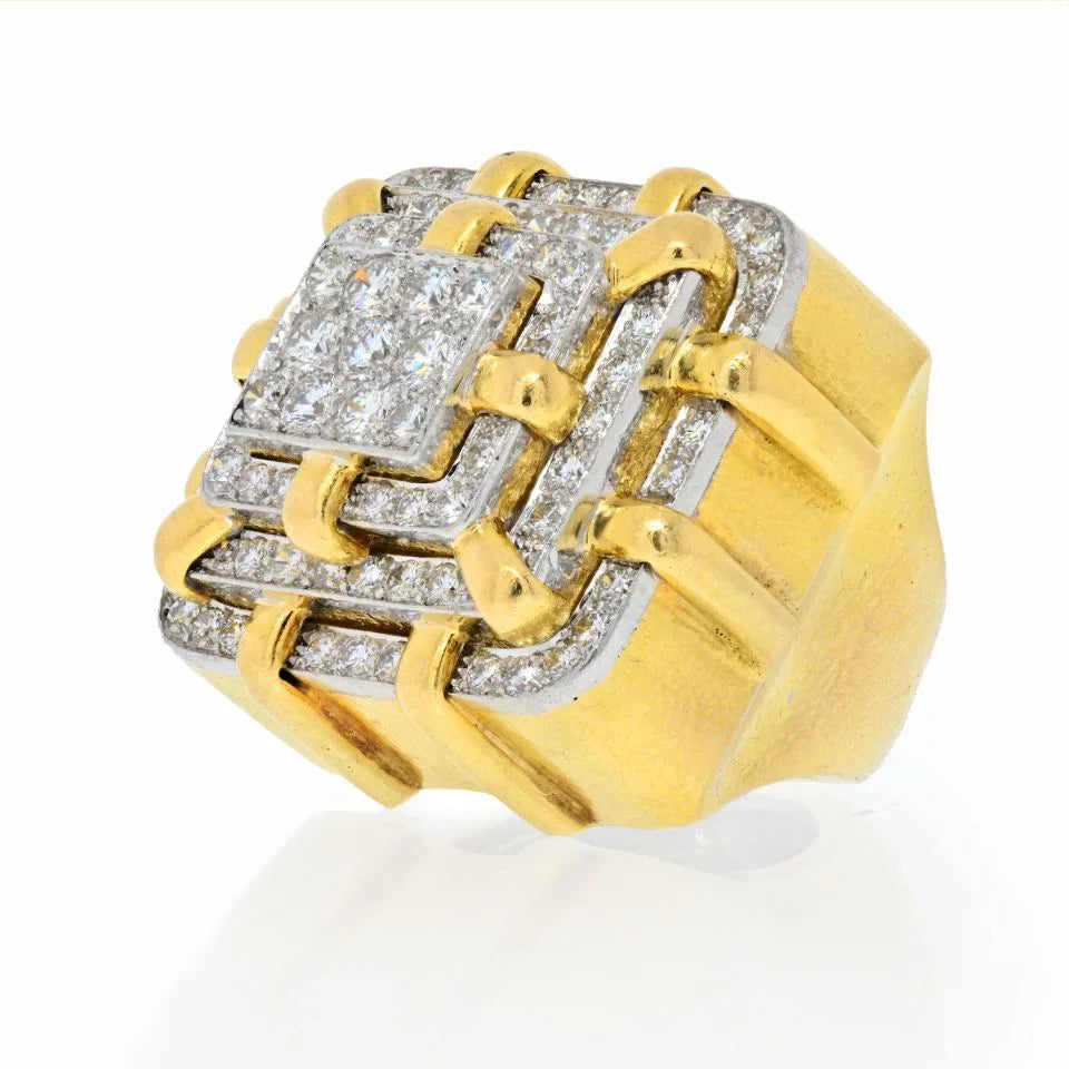 David Webb Platinum & 18K Yellow Gold Heavy Diamond Bold Ring - The Back Vault