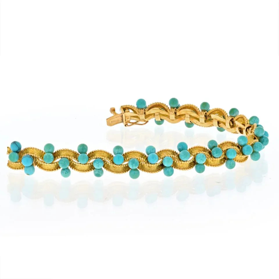 18K Yellow Gold One Line Beaded Turquoise Twisted Bracelet - The Back Vault
