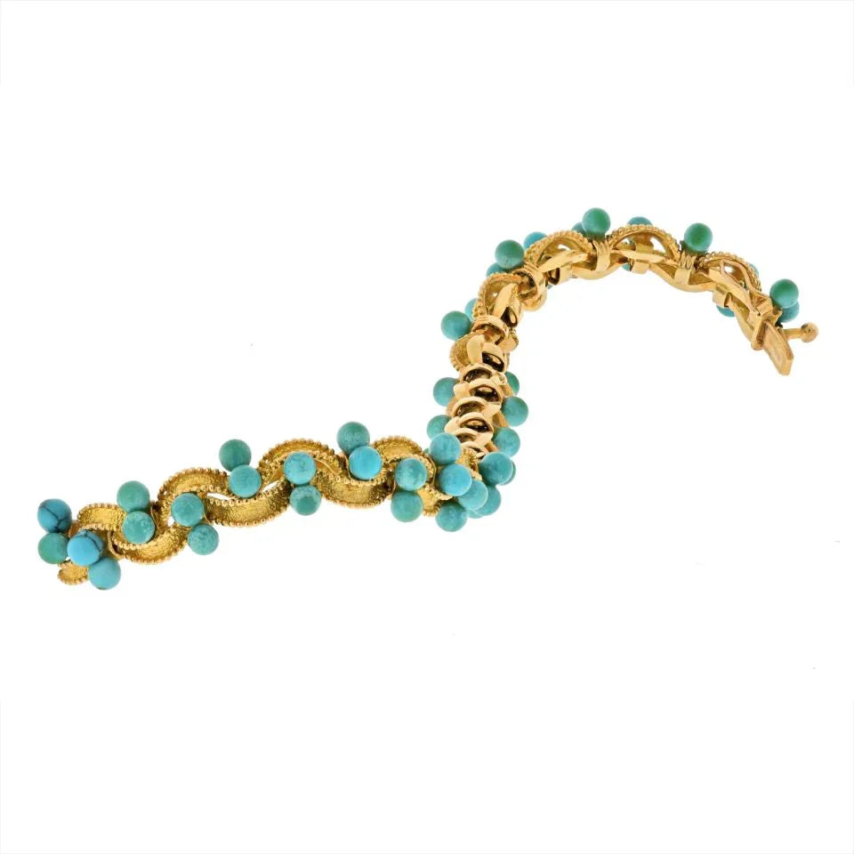 18K Yellow Gold One Line Beaded Turquoise Twisted Bracelet - The Back Vault