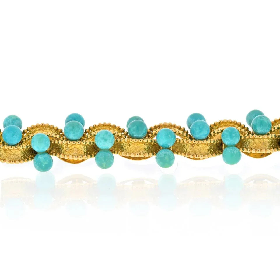 18K Yellow Gold One Line Beaded Turquoise Twisted Bracelet - The Back Vault