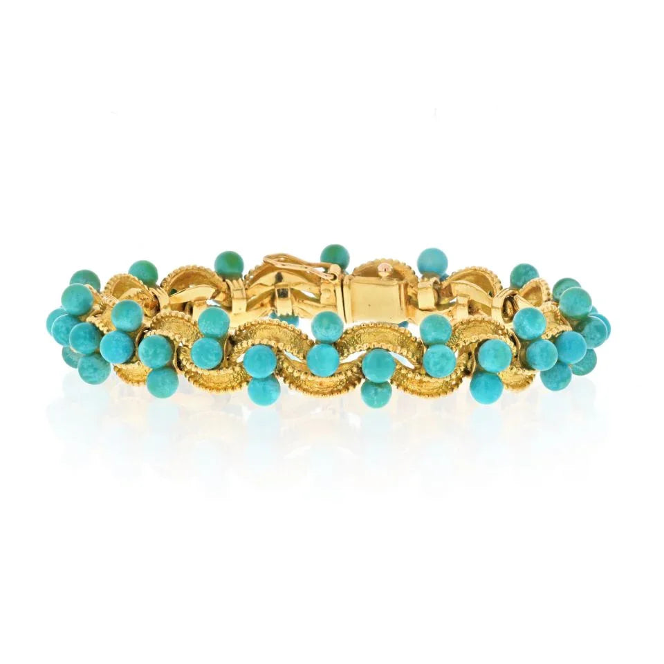18K Yellow Gold One Line Beaded Turquoise Twisted Bracelet - The Back Vault
