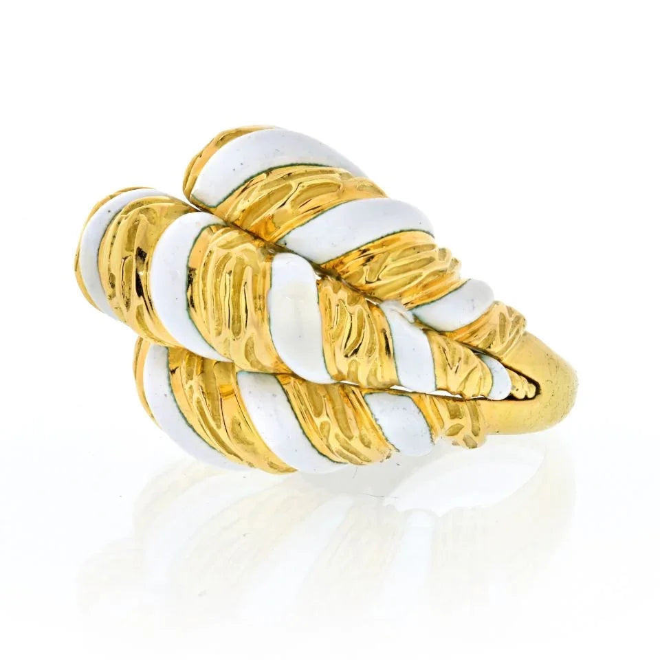 David Webb Platinum & 18K Yellow Gold White Enamel Brushed Gold Ring - The Back Vault