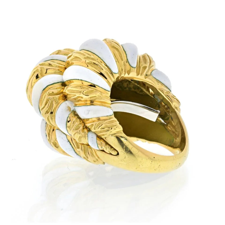David Webb Platinum & 18K Yellow Gold White Enamel Brushed Gold Ring - The Back Vault