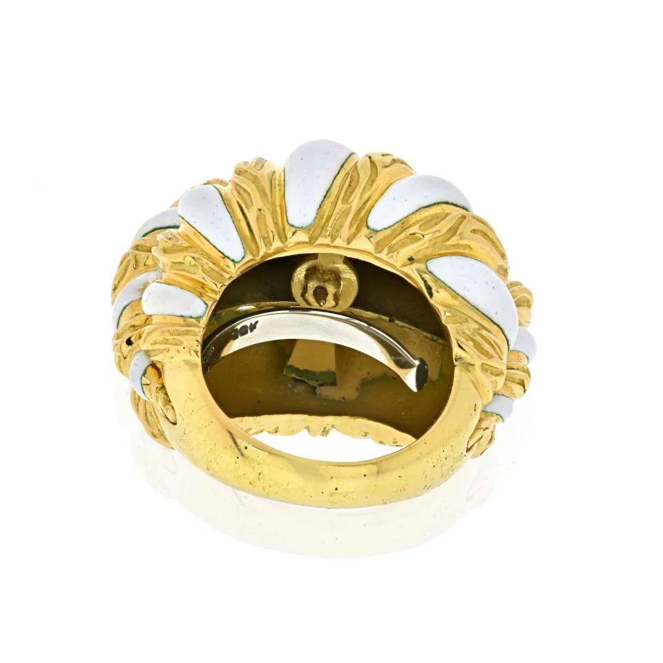 David Webb Platinum & 18K Yellow Gold White Enamel Brushed Gold Ring - The Back Vault