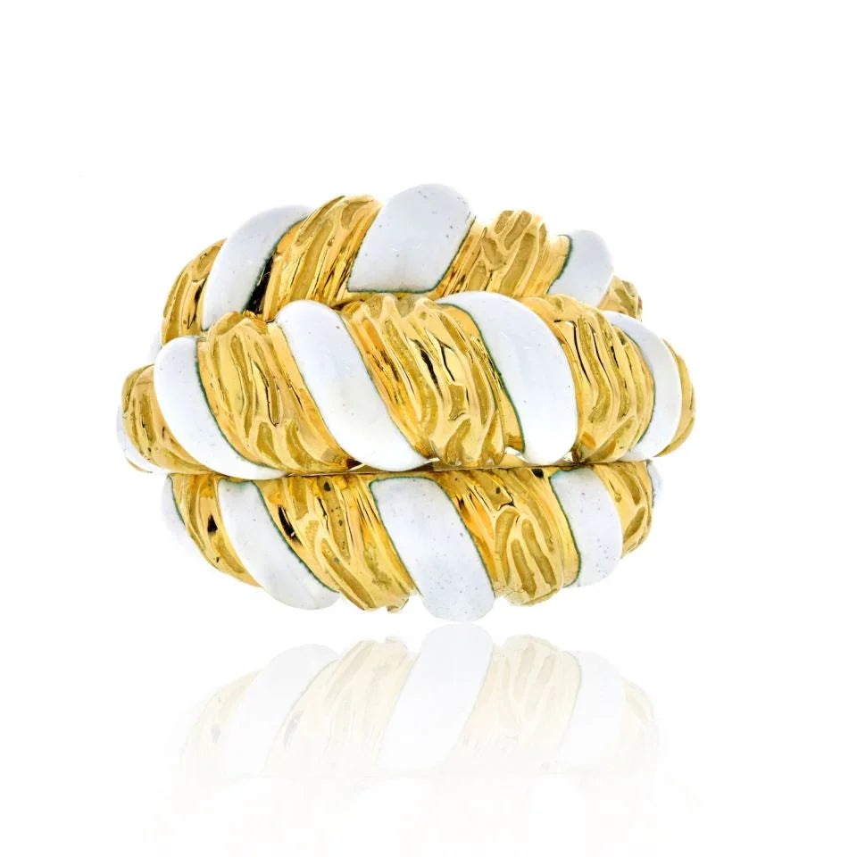 David Webb Platinum & 18K Yellow Gold White Enamel Brushed Gold Ring - The Back Vault