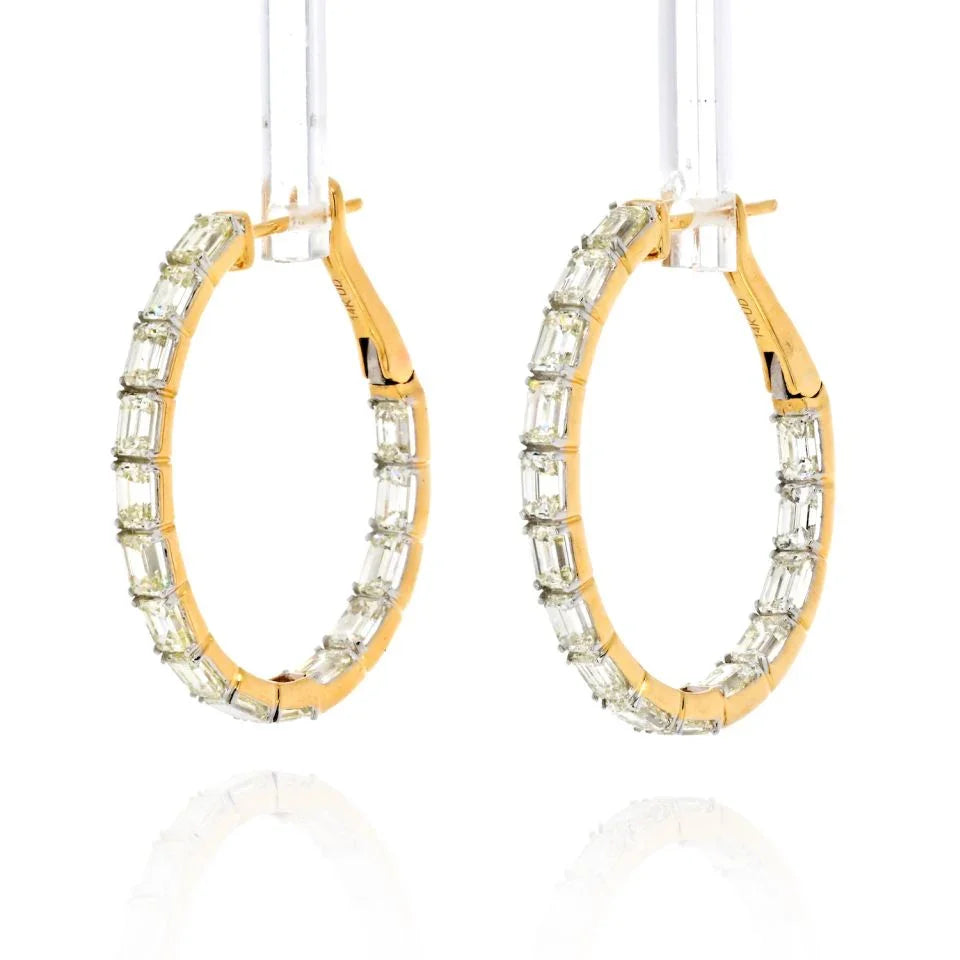 14K Yellow Gold 1 Inch Emerald Cut 5.25cts Hoop Earrings - The Back Vault