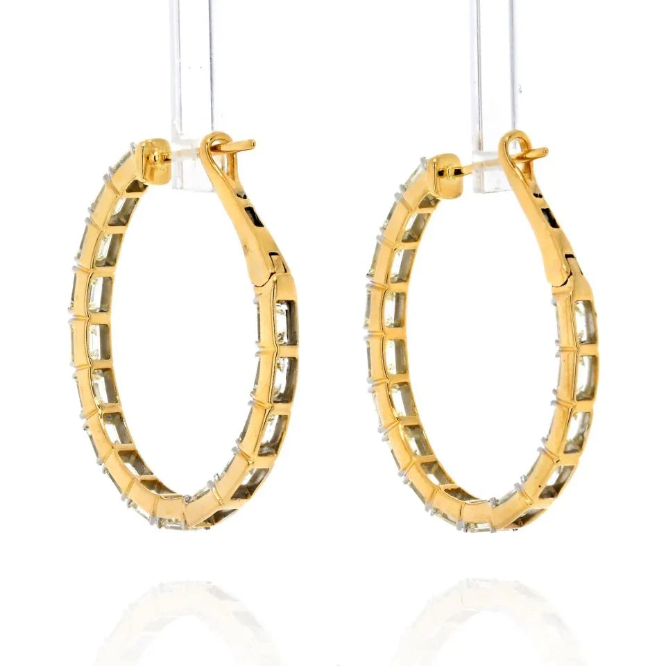 14K Yellow Gold 1 Inch Emerald Cut 5.25cts Hoop Earrings - The Back Vault
