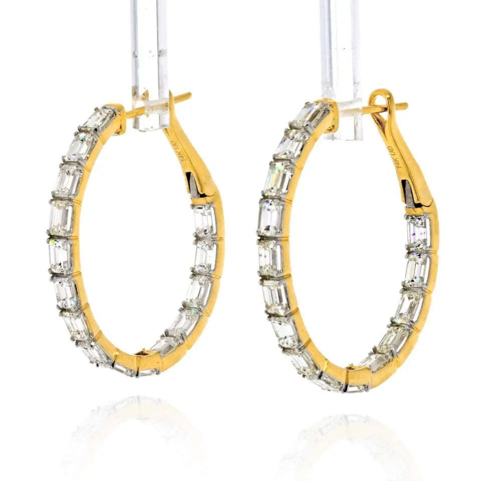 14K Yellow Gold Emerald Cut Diamond Hoop Earrings - The Back Vault