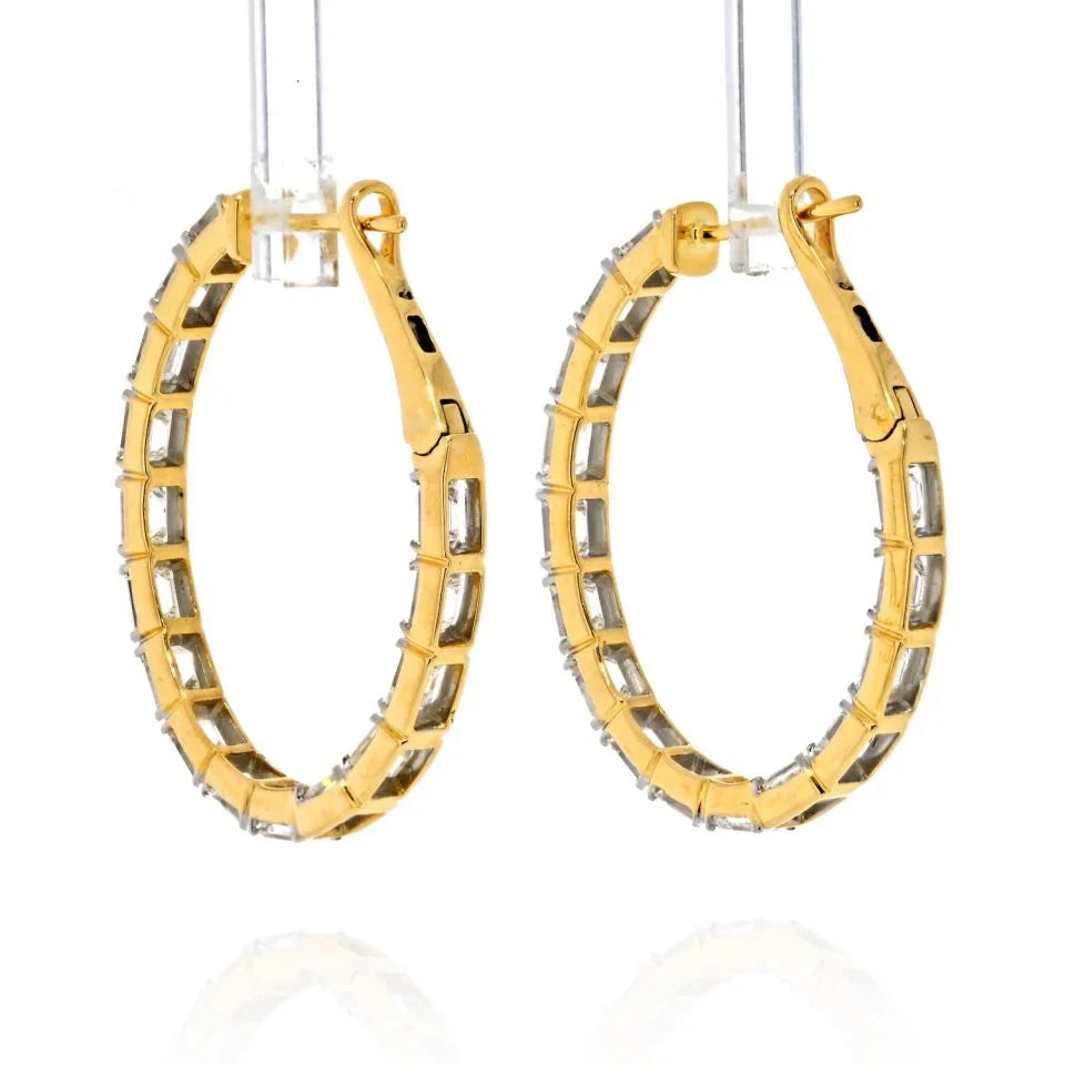 14K Yellow Gold Emerald Cut Diamond Hoop Earrings - The Back Vault