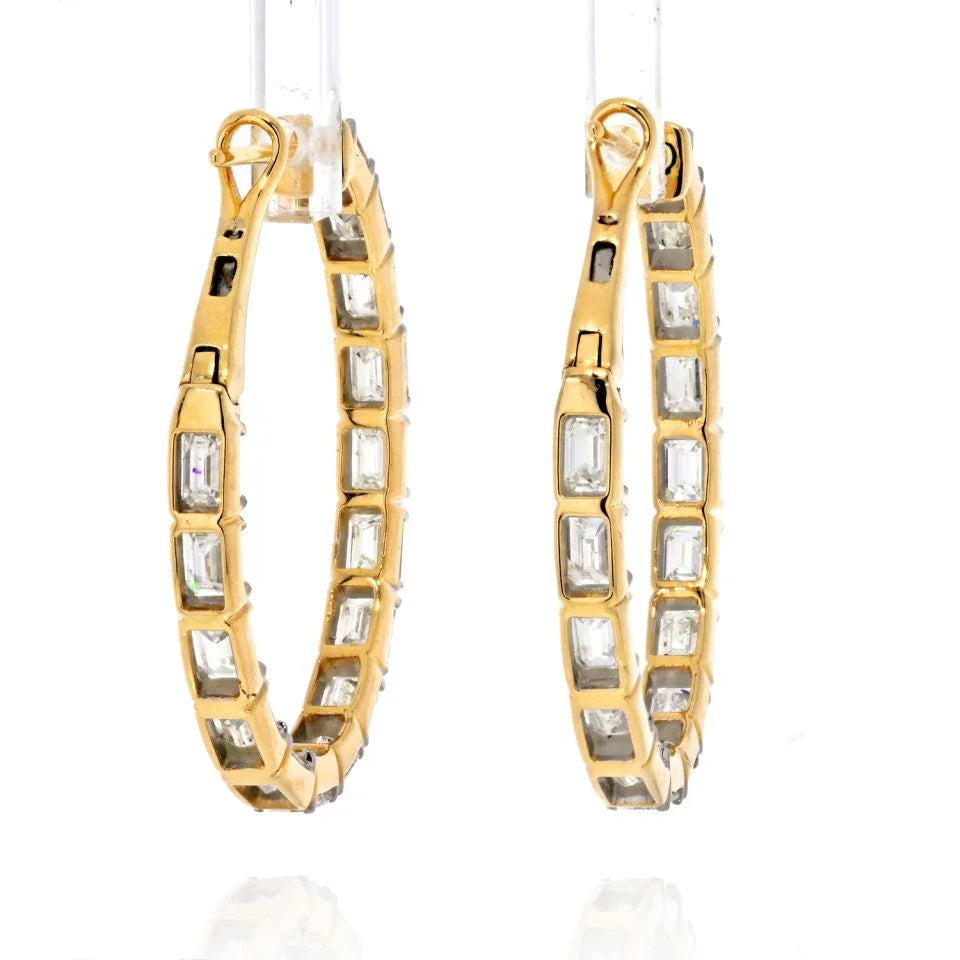 14K Yellow Gold Emerald Cut Diamond Hoop Earrings - The Back Vault