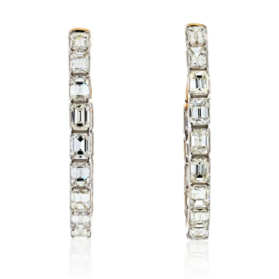 14K Yellow Gold Emerald Cut Diamond Hoop Earrings - The Back Vault