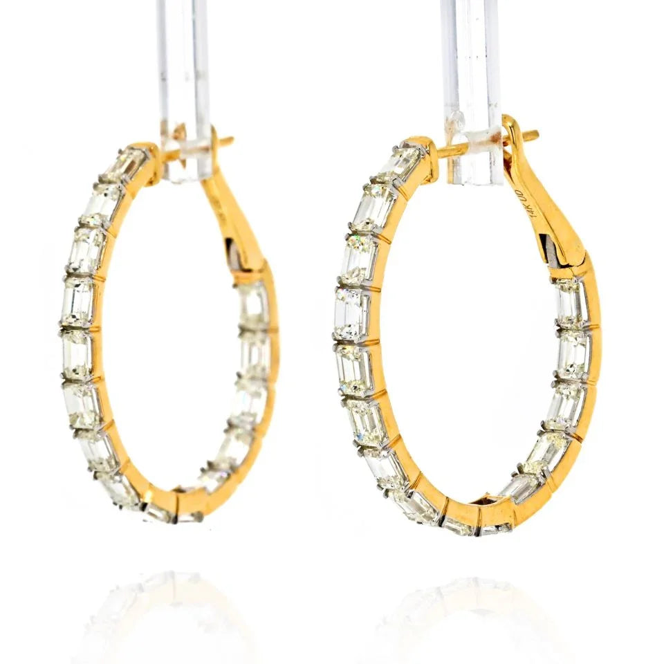 14K Yellow Gold Emerald Cut Diamond Hoop 1.1 inch Earrings - The Back Vault