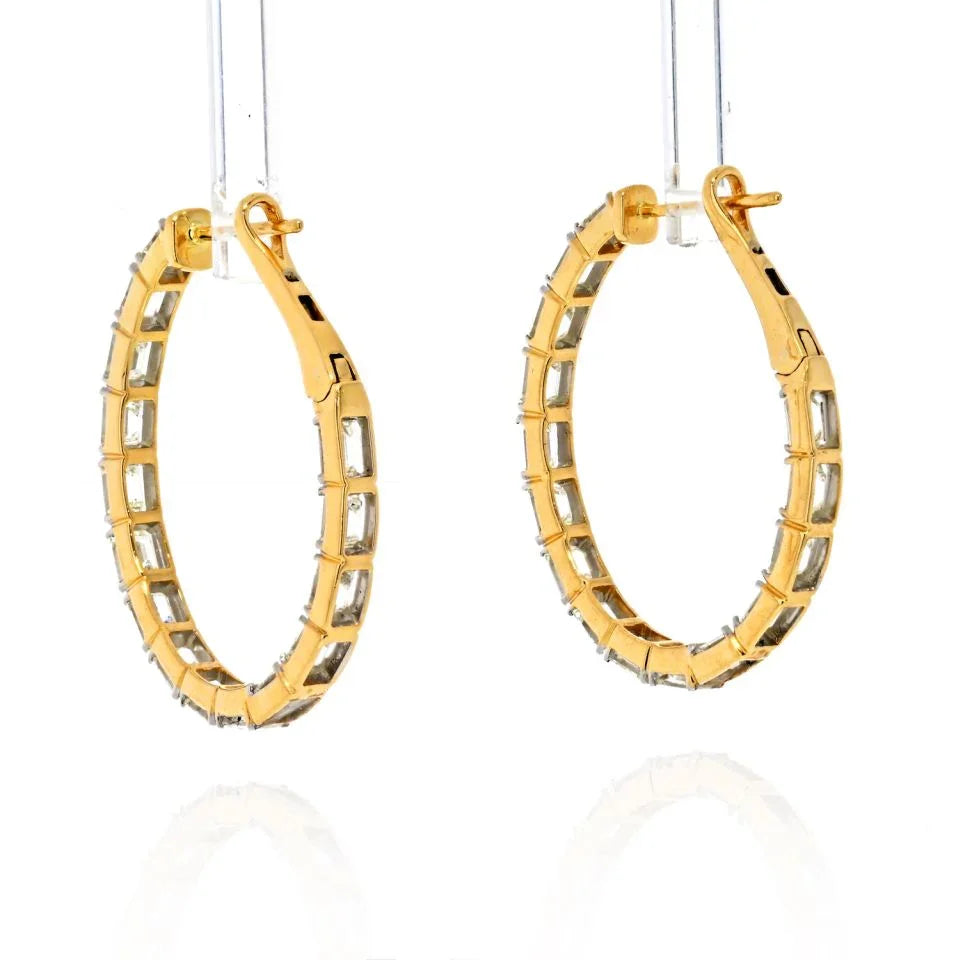 14K Yellow Gold Emerald Cut Diamond Hoop 1.1 inch Earrings - The Back Vault